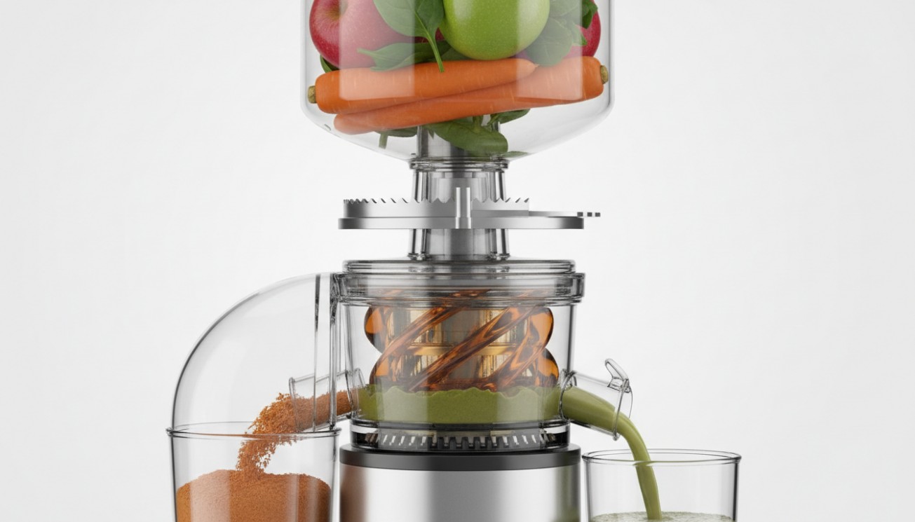 Cutaway automatic juicer showing a large hopper, internal cutting mechanism, auger chamber, juice outlet and pulp discharge.